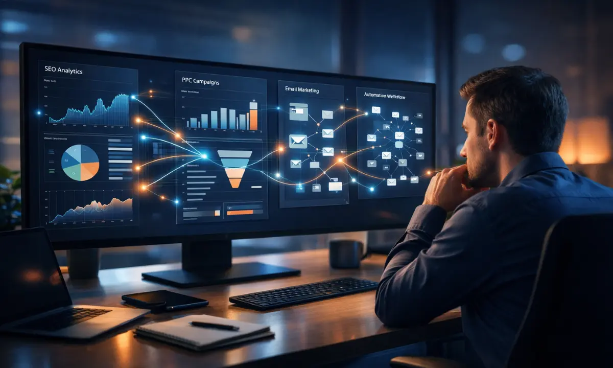 AI-powered digital marketing and automation system workspace