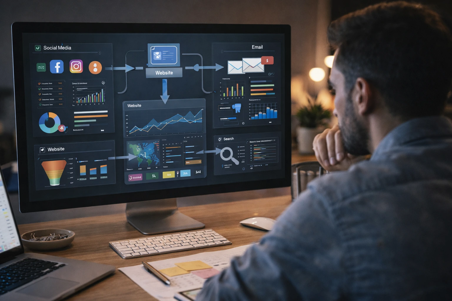 business owner reviewing marketing analytics tied to growth and ROI