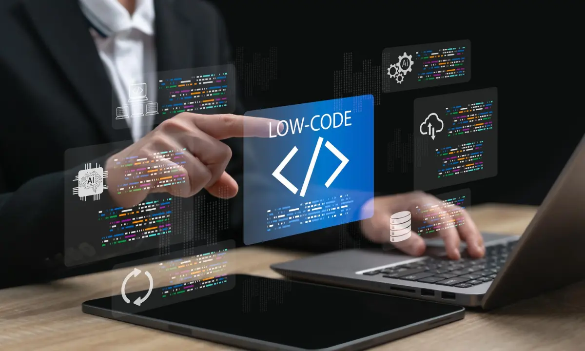 No-code automation dashboard with workflow logic and low-code interface on laptop