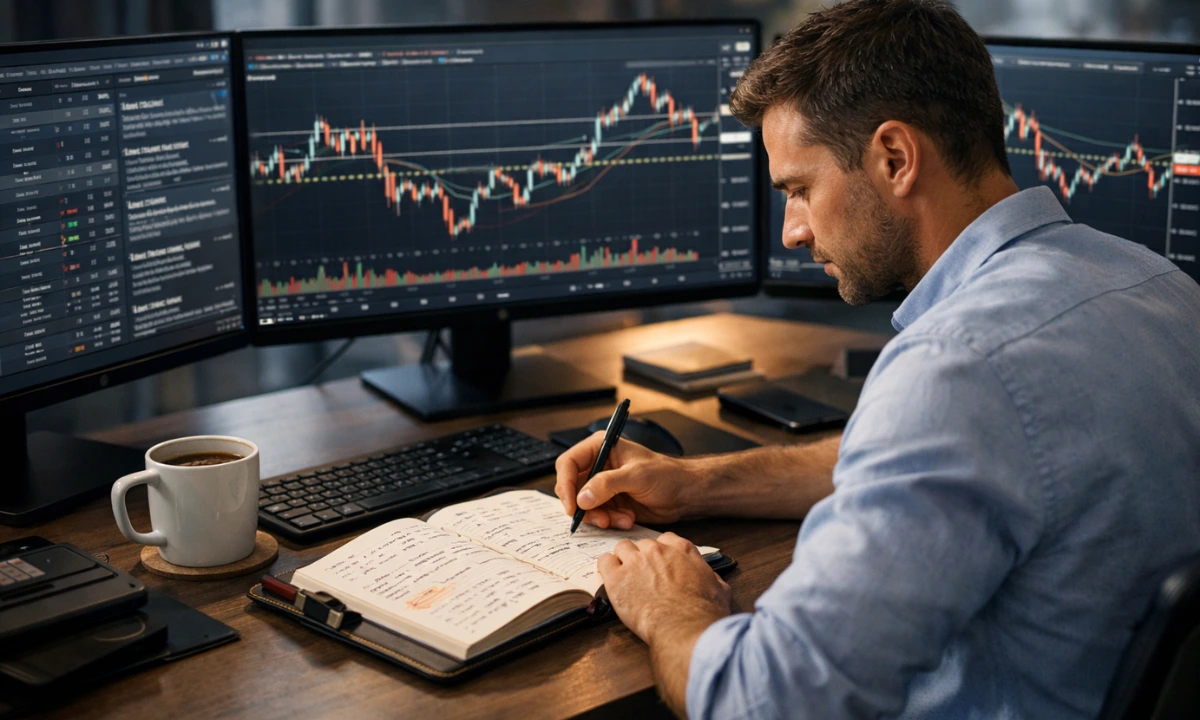 Professional trader following a structured weekly routine at a multi-screen trading desk