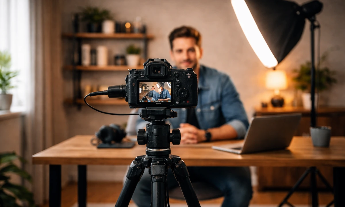 Camera and lighting setup for a home video studio
