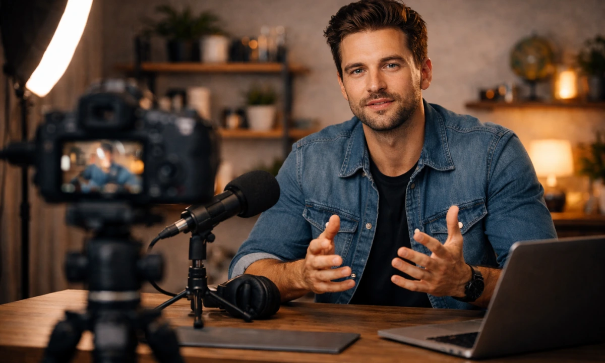 Confident creator recording professional video content at home