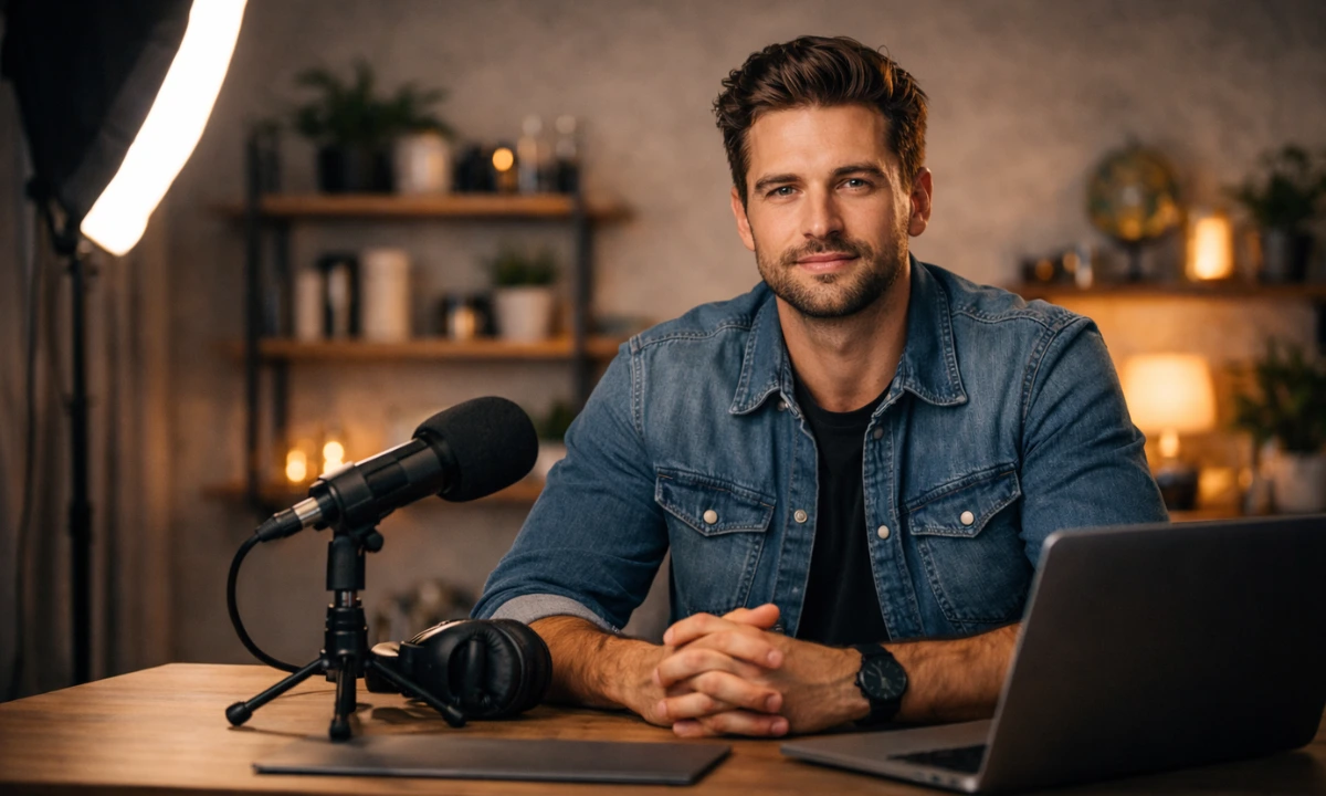 Well-lit creator workspace with an intentional video background