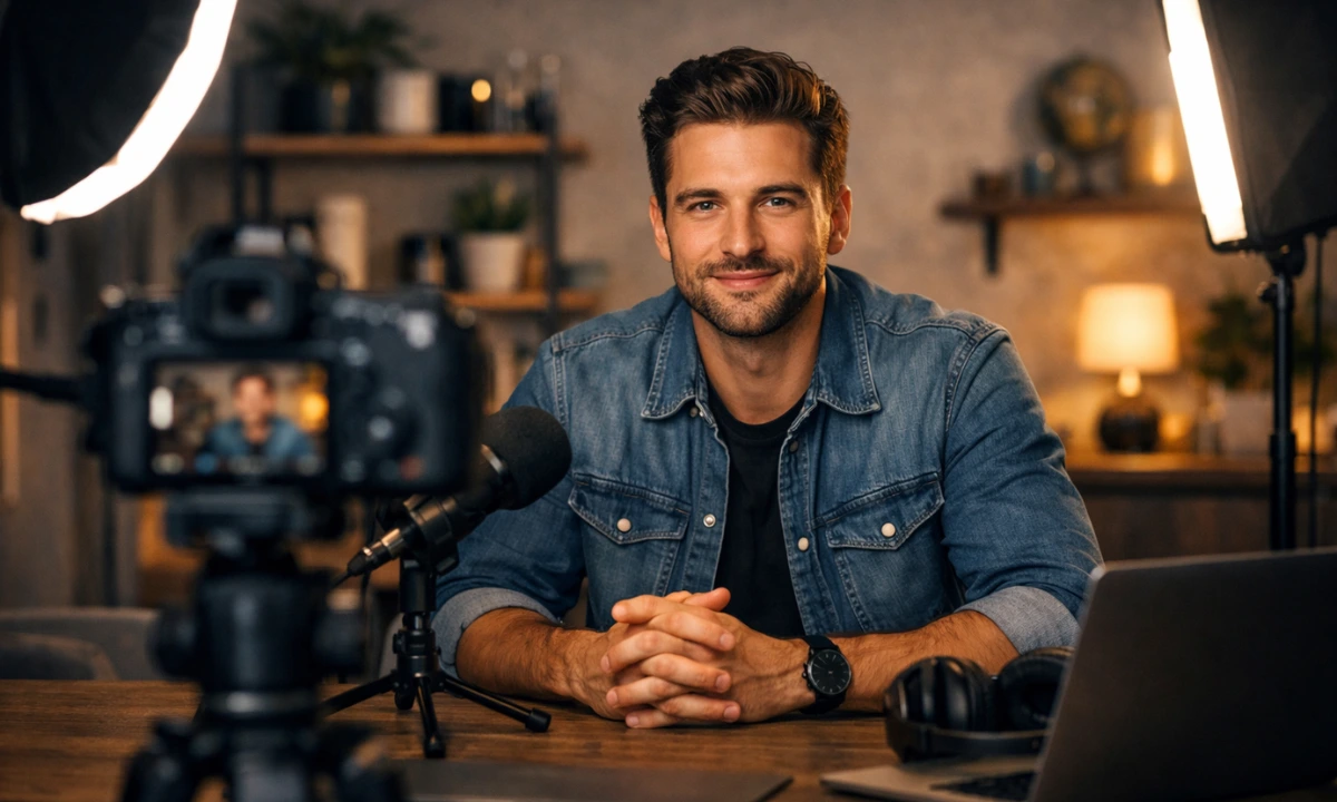 Professional home studio setup with creator recording high-quality video